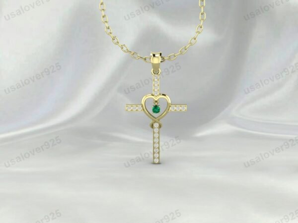 Heart Cross Shape Emerald Gemstone Unisex Pendant, 925 Sterling Silver Necklace Jewelry - Image 2