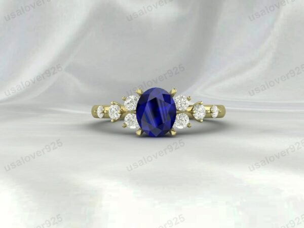 Vintage Art Deco Blue Sapphire Oval Ring – Women’s 925 Sterling Silver Jewelry - Image 2