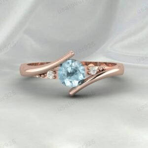 Aquamarine & CZ Diamond Gemstone Solitaire Women Ring 925 Sterling Silver Jewelry