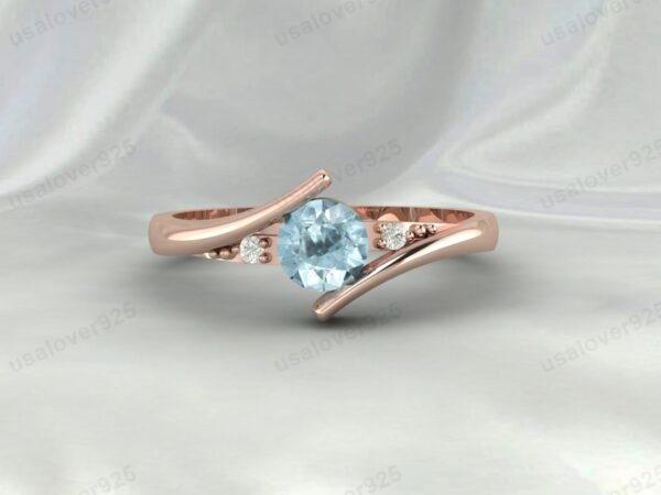 Aquamarine & CZ Diamond Gemstone Solitaire Women Ring 925 Sterling Silver Jewelry