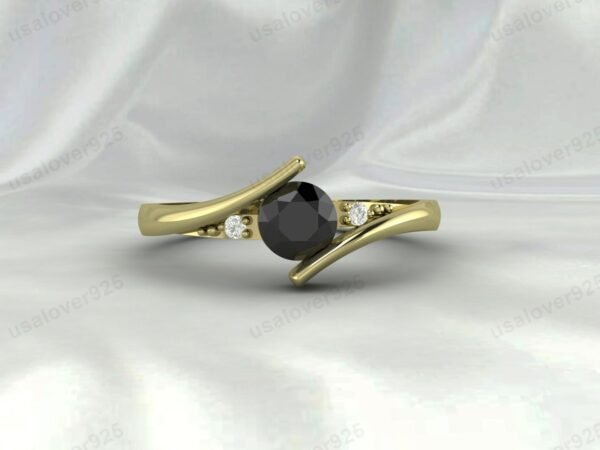 Black Onyx & CZ Diamond Gemstone Solitaire Women Ring 925 Sterling Silver Jewelry
