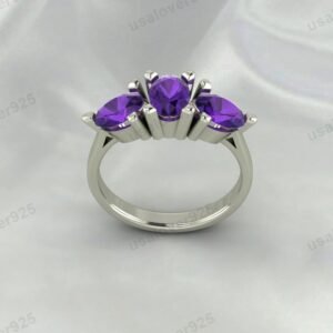 Amethyst Three Gemstone Women Ring 925 Sterling Silver Jewelry