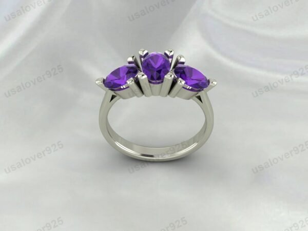 Amethyst Three Gemstone Women Ring 925 Sterling Silver Jewelry
