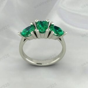 Emerald Three Gemstone Women Ring 925 Sterling Silver Jewelry