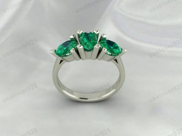 Emerald Three Gemstone Women Ring 925 Sterling Silver Jewelry