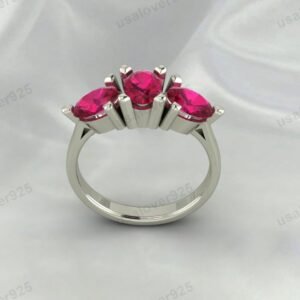 Ruby Pink Three Gemstone Women Ring 925 Sterling Silver Jewelry