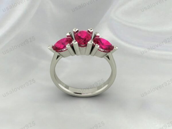 Ruby Pink Three Gemstone Women Ring 925 Sterling Silver Jewelry
