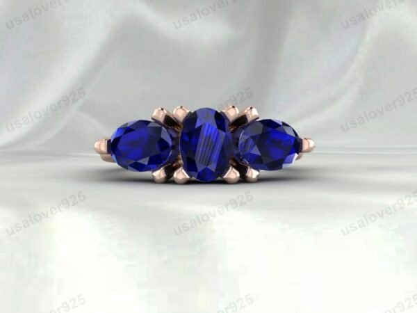 Blue Sapphire Three Gemstone Women Ring 925 Sterling Silver Jewelry - Image 2