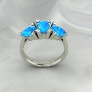 Blue Topaz Three Gemstone Women Ring 925 Sterling Silver Jewelry