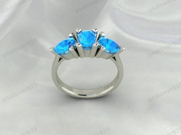 Blue Topaz Three Gemstone Women Ring 925 Sterling Silver Jewelry