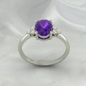 Amethyst & CZ Diamond Gemstone Women Ring 925 Sterling Silver Jewelry