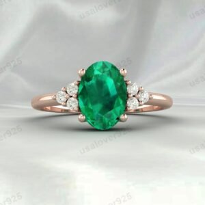 Emerald & CZ Diamond Gemstone Women Ring 925 Sterling Silver Jewelry