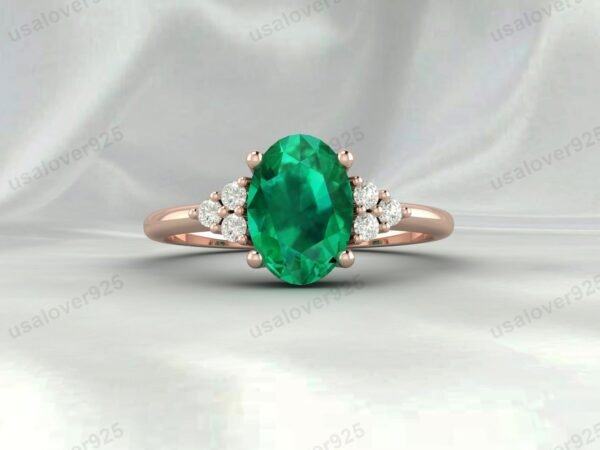 Emerald & CZ Diamond Gemstone Women Ring 925 Sterling Silver Jewelry