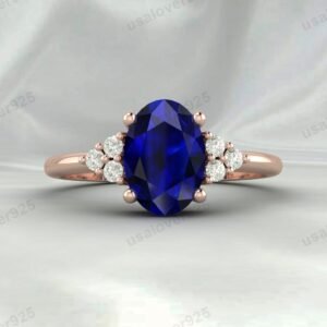 Blue Sapphire & CZ Diamond Gemstone Women Ring 925 Sterling Silver Jewelry