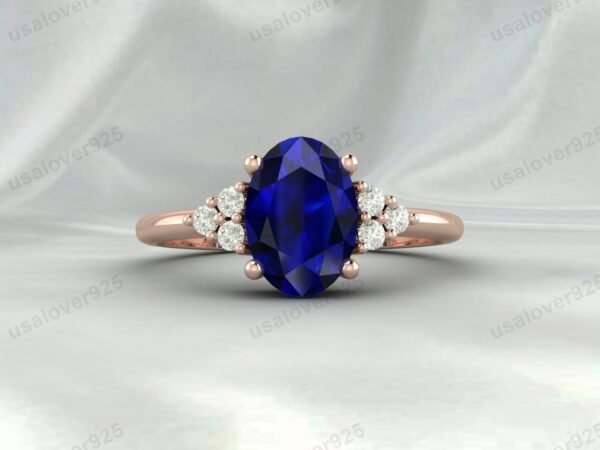 Blue Sapphire & CZ Diamond Gemstone Women Ring 925 Sterling Silver Jewelry
