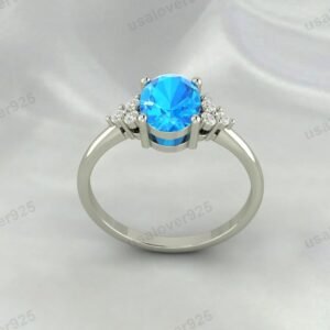 Blue Topaz & CZ Diamond Gemstone Women Ring 925 Sterling Silver Jewelry