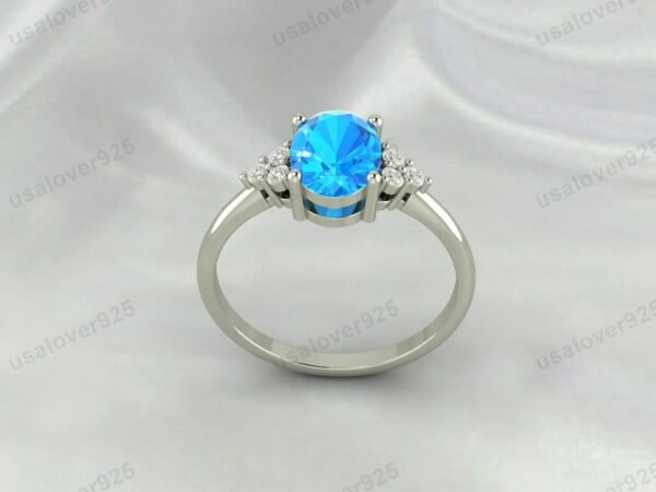 Blue Topaz & CZ Diamond Gemstone Women Ring 925 Sterling Silver Jewelry