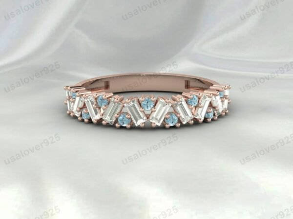 Aquamarine Half Eternity Gemstone Women Ring Band 925 Sterling Silver Jewelry - Image 2
