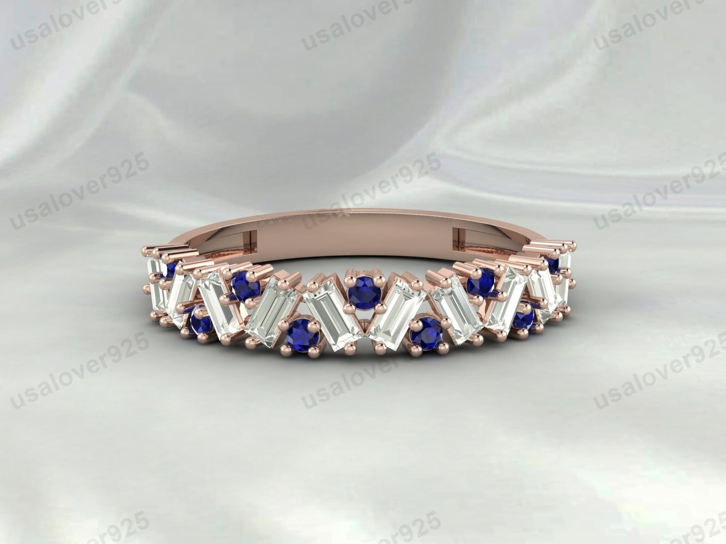 Sapphire Half Eternity Gemstone Women Ring Band 925 Sterling Silver Jewelry - Image 3