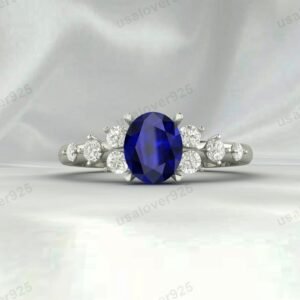 Vintage Art Deco Blue Sapphire Oval Ring – Women’s 925 Sterling Silver Jewelry