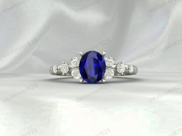 Vintage Art Deco Blue Sapphire Oval Ring – Women’s 925 Sterling Silver Jewelry