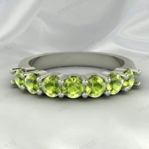 Peridot Green Stone Half Eternity Women Ring, 925 Sterling Silver Jewelry