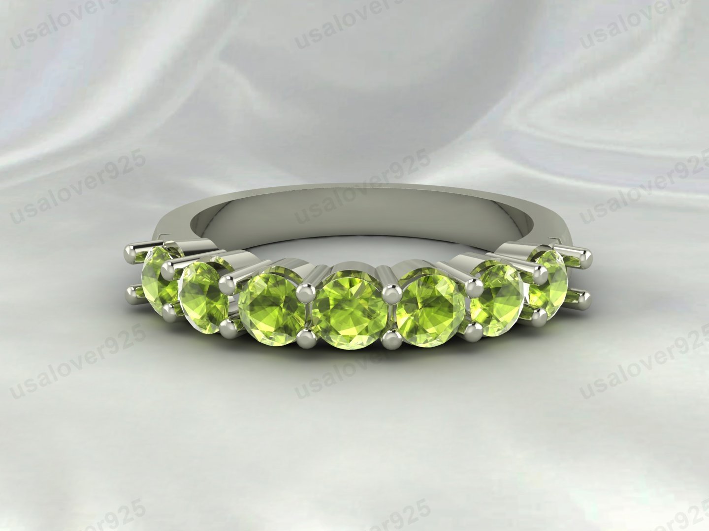Peridot Green Stone Half Eternity Women Ring, 925 Sterling Silver Jewelry