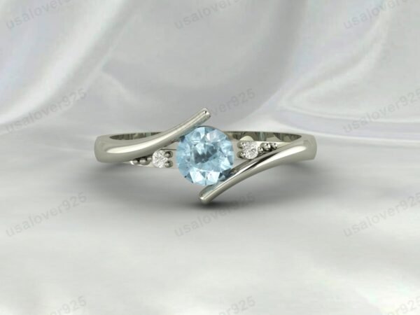 Aquamarine & CZ Diamond Gemstone Solitaire Women Ring 925 Sterling Silver Jewelry - Image 3