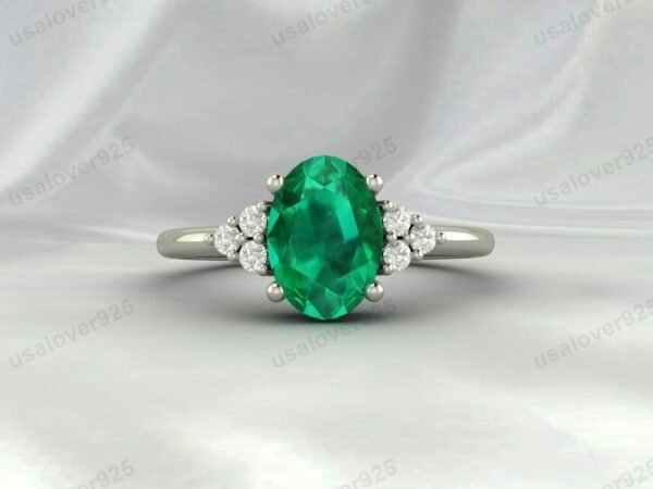 Emerald & CZ Diamond Gemstone Women Ring 925 Sterling Silver Jewelry - Image 3