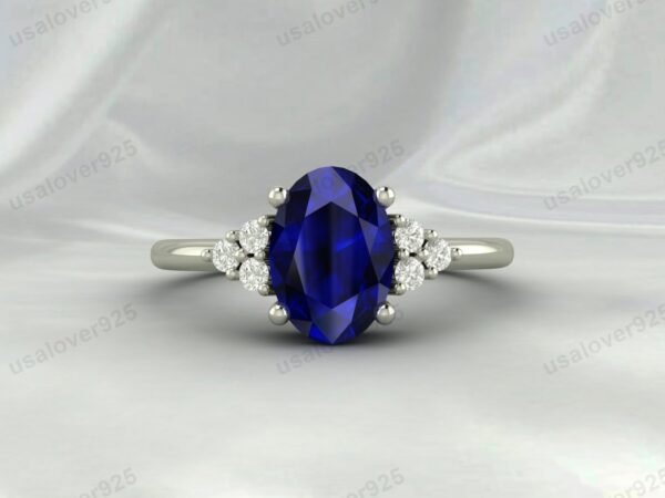 Blue Sapphire & CZ Diamond Gemstone Women Ring 925 Sterling Silver Jewelry - Image 3