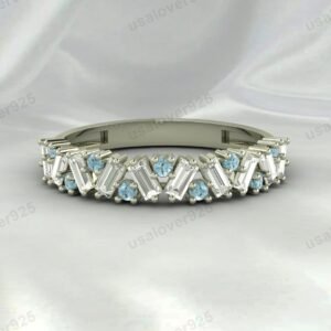 Aquamarine Half Eternity Gemstone Women Ring Band 925 Sterling Silver Jewelry