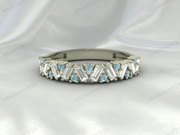 Aquamarine Half Eternity Gemstone Women Ring Band 925 Sterling Silver Jewelry