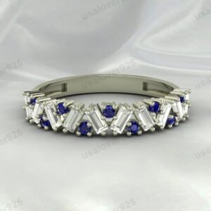 Sapphire Half Eternity Gemstone Women Ring Band 925 Sterling Silver Jewelry