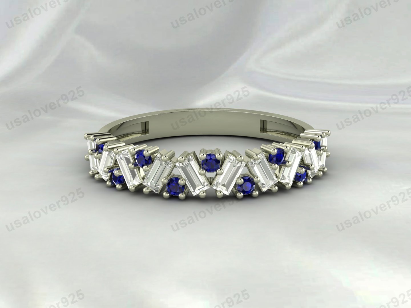 Sapphire Half Eternity Gemstone Women Ring Band 925 Sterling Silver Jewelry
