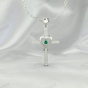 Heart Cross Shape Emerald Gemstone Unisex Pendant, 925 Sterling Silver Necklace Jewelry