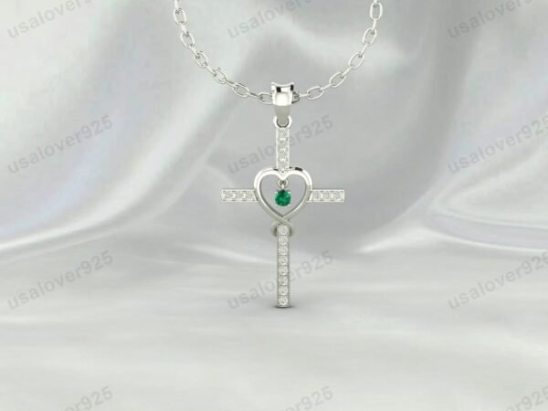 Heart Cross Shape Emerald Gemstone Unisex Pendant, 925 Sterling Silver Necklace Jewelry
