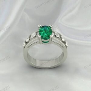 Vintage-Inspired Art Deco Emerald Oval Ring – Women’s Sterling Silver Jewelry