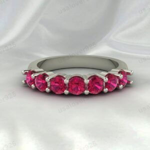 Natural Pink Ruby Gemstone Half Eternity Women Ring, 925 Sterling Silver Jewelry