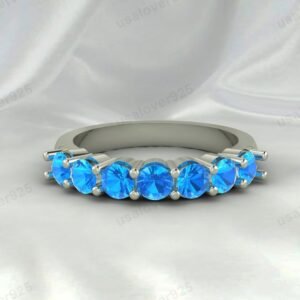 Blue Topaz Gemstone Half Eternity Women Ring, 925 Sterling Silver Jewelry