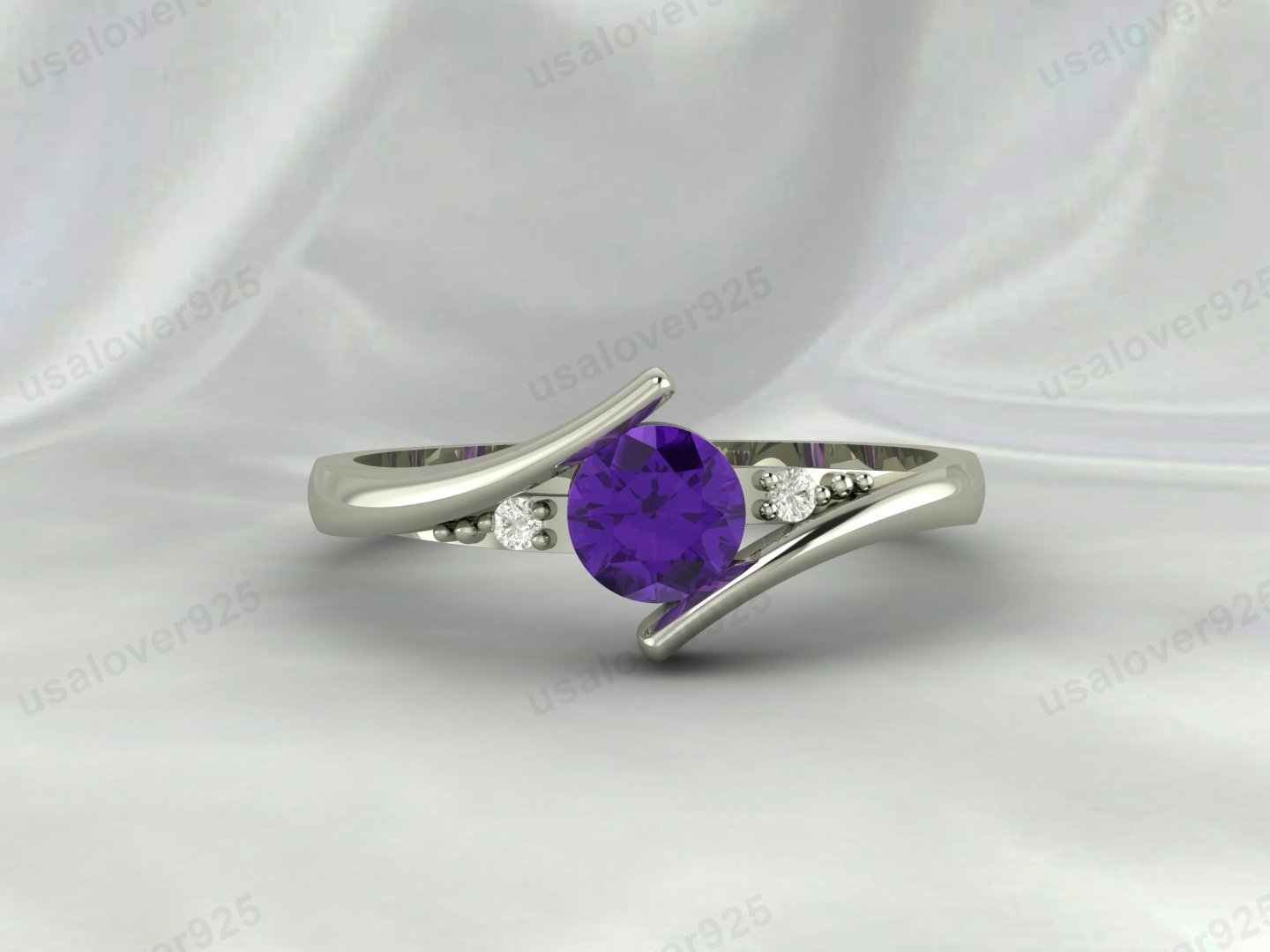 Amethyst & CZ Diamond Gemstone Solitaire Women Ring 925 Sterling Silver Jewelry - Image 2