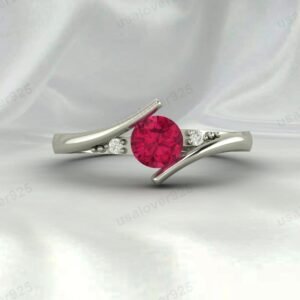 Pink Ruby & CZ Diamond Gemstone Solitaire Women Ring 925 Sterling Silver Jewelry