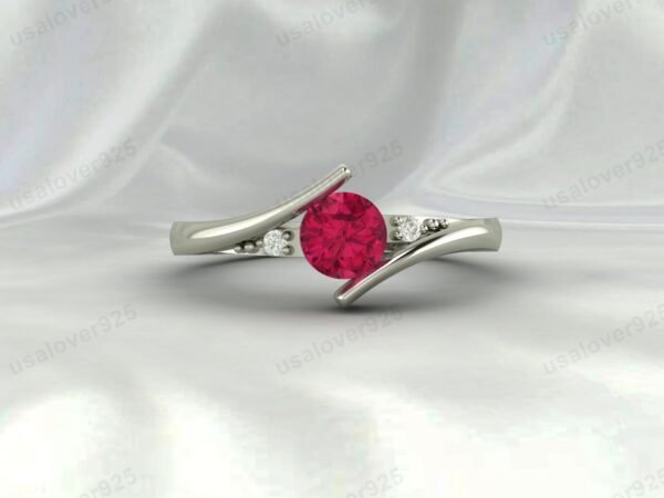 Pink Ruby & CZ Diamond Gemstone Solitaire Women Ring 925 Sterling Silver Jewelry