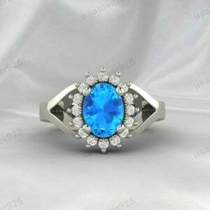 Blue Topaz Oval Gemstone Women Ring 925 Sterling Silver Jewelry