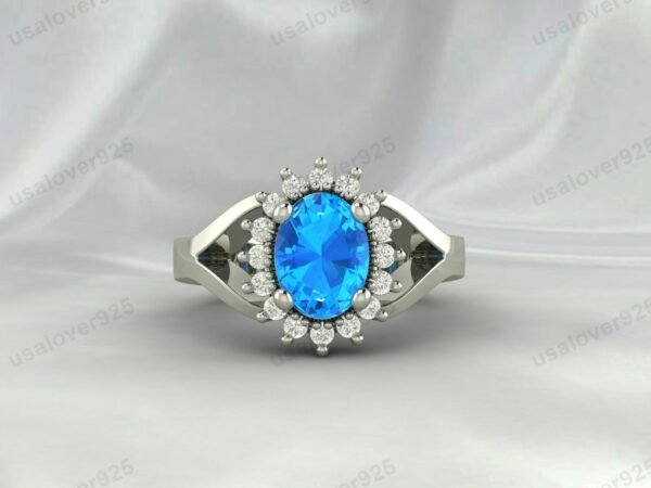 Blue Topaz Oval Gemstone Women Ring 925 Sterling Silver Jewelry