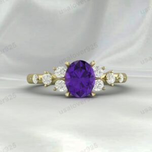 925 Sterling Silver Amethyst Oval Ring – Vintage Art Deco Jewelry for Women