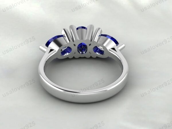 Blue Sapphire Three Gemstone Women Ring 925 Sterling Silver Jewelry - Image 4