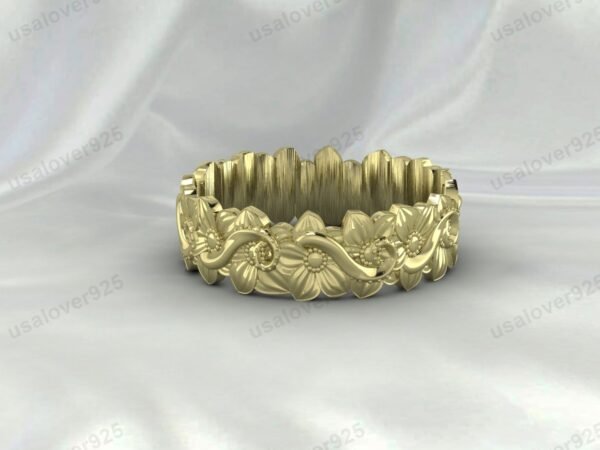 Unique Art Deco Flower Design Unisex Band, 925 Sterling Silver Ring Jewelry - Image 2