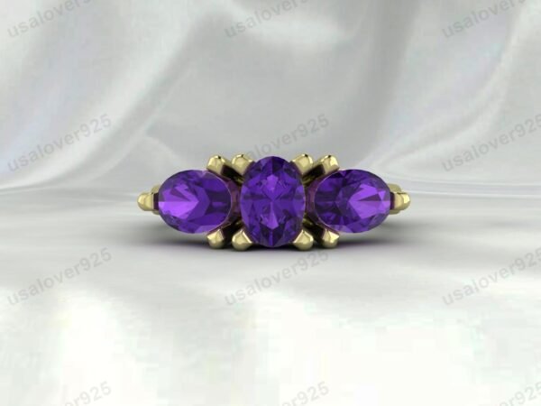 Amethyst Three Gemstone Women Ring 925 Sterling Silver Jewelry - Image 2