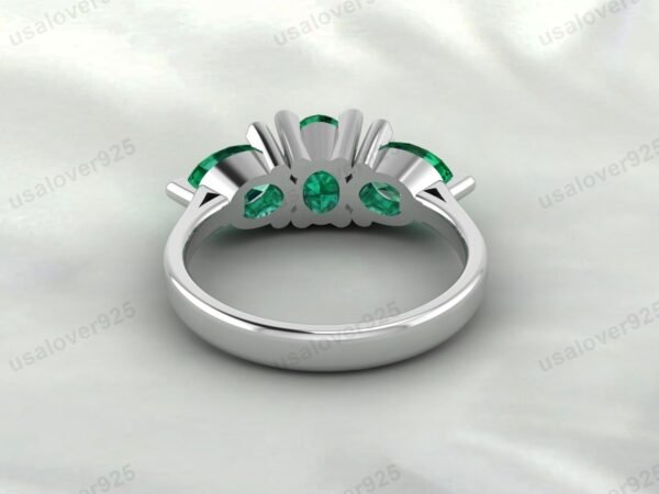 Emerald Three Gemstone Women Ring 925 Sterling Silver Jewelry - Image 3