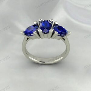 Blue Sapphire Three Gemstone Women Ring 925 Sterling Silver Jewelry